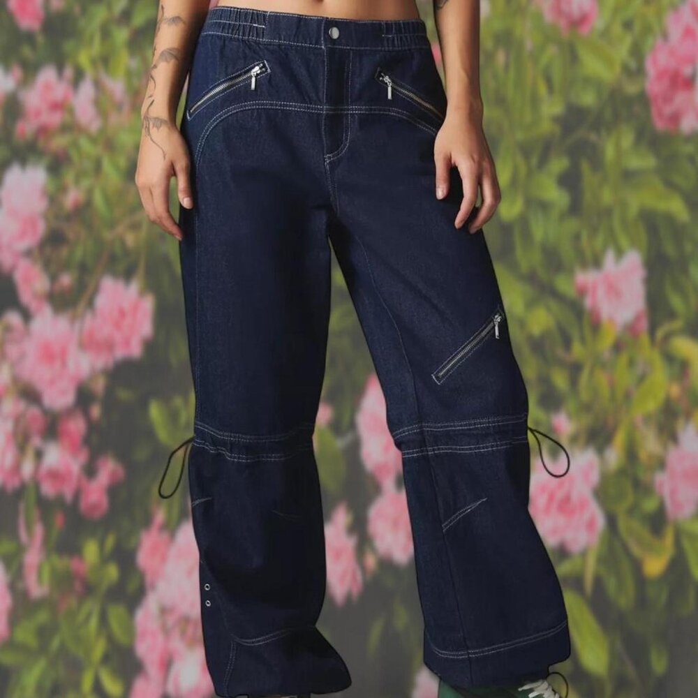 Silence + Noise Rinsed Denim Baggy jeans with moto-inspired elements.